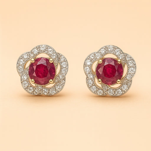 Crimson Bloom Diamond Halo Stud Earrings