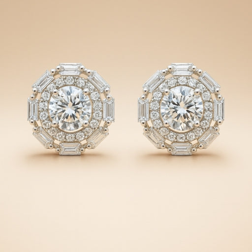 Radiant Halo Baguette Diamond Stud Earrings